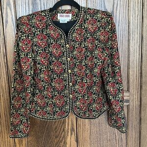 Vintage 80s MAGGY London Kenneth Nolan 100% Silk floral blazer jacket red gold 2
